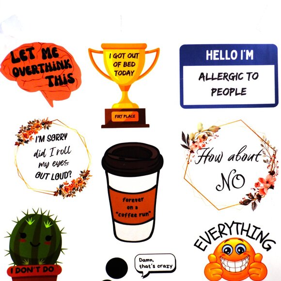 12 Handmade Colorful Funny Quotes Stickers, coffee, decorate, sarcastic, journal - Picture 2 of 3